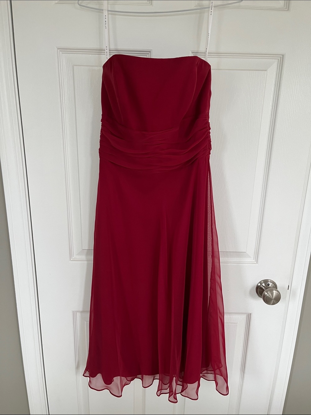 After Six Strapless Deep Red Chiffon Midi Bridesmaid Dress Size 10